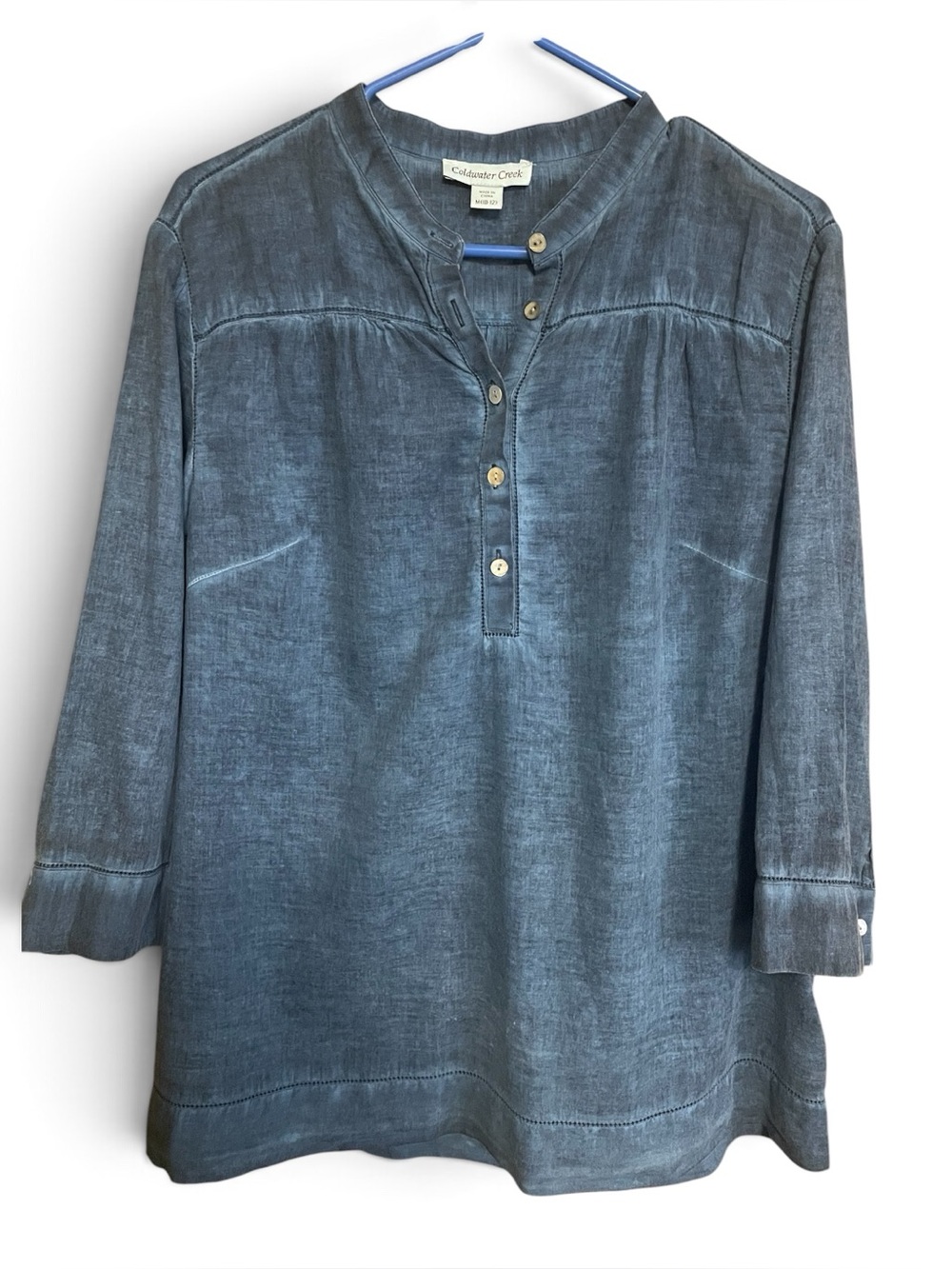 Coldwater Creek Blue Washed Henley Tunic 3/4 Sleeves M